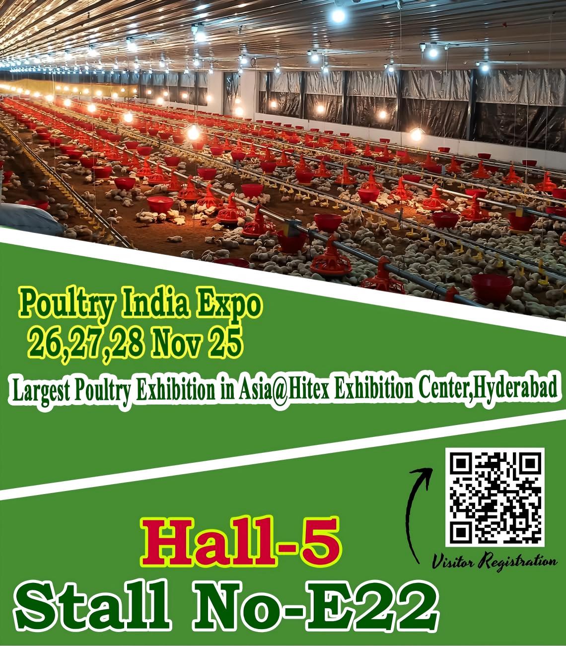 Poultry-India-Expo-2025-Hitex-Exhibition-Center-Details Official poster for Poultry India Expo 2025 at Hitex Exhibition Center Hyderabad, Hall 5 Stall No-E22, showcasing large-scale poultry farming.