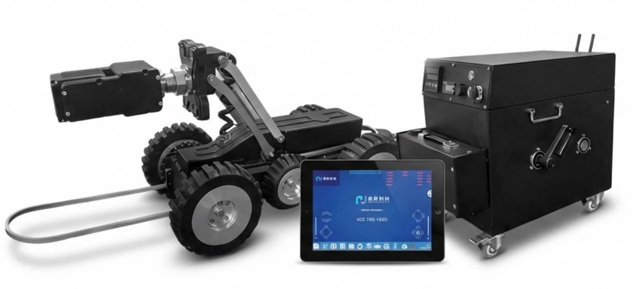 K20 Pipe Inspection Robot Full System - 2026 Model Complete setup of the K20 pipe inspection robot system, including the 6WD crawler, intelligent cable reel, and high-capacity power battery.