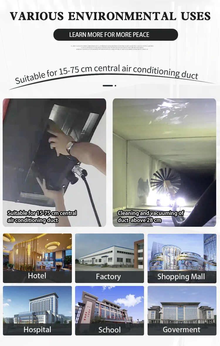 Q37 Applications.png Q37 Applications:Suitable for 15-75 cm central air conditioning duct Cleaning and vacuuming of duct above 28 cm (Hotel,Factory,Shopping Mall,Hospital,School,Goverment).png